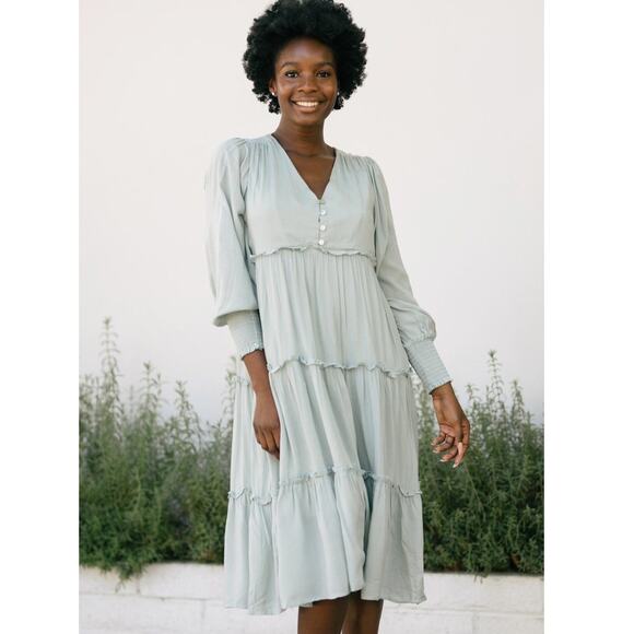 In Bloom Midi Tiered Long-Sleeve V-Neck Dress – Sage Green, Women’s Medium - Picture 1 of 9